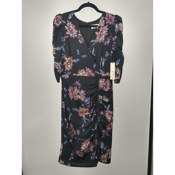 Eliza J Sheath Dress 6 Floral Surplice Ruched Chiffon 3/4 Sleeve Black Pink NWT - Picture 1 of 13